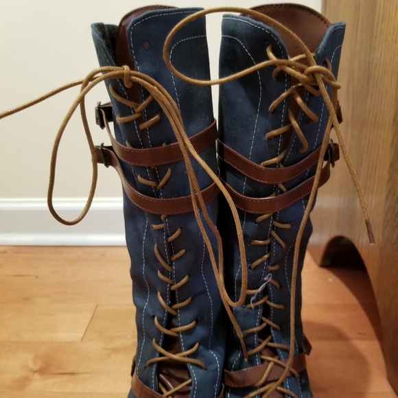 NWOT Leather Strap Buckled Teal moto combat Boots - Picture 6 of 8